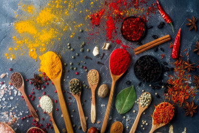 various indian spices in wooden